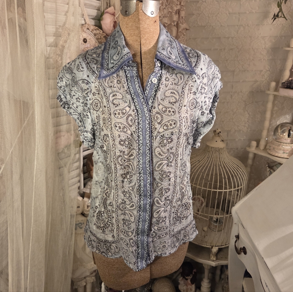 ♡ ️zimmermann blue paisley silk linen button up blouse ♡